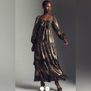 NWTags By Anthropologie Long-Sleeve Gold/Black Metallic Babydoll Maxi Dress Sml